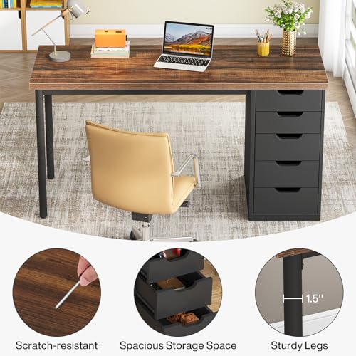Tribesigns Computer Desk with 5 Drawers, 47 inches Rustic Brown Home Office Desk with Storage, Modern Simple Laptop Desk Study Writing Table for Small Spaces (1, Brown+Black) - color: Brown+black