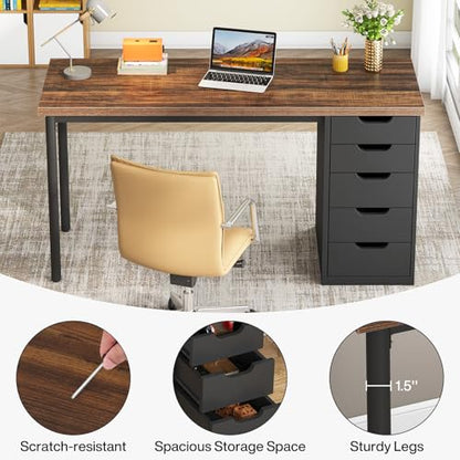 Tribesigns Computer Desk with 5 Drawers, 47 inches Rustic Brown Home Office Desk with Storage, Modern Simple Laptop Desk Study Writing Table for Small Spaces (1, Brown+Black) - color: Brown+black