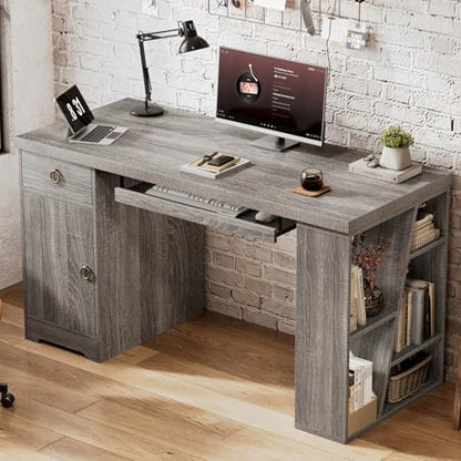 HSH 55" Modern Office Desk, Farmhouse Grey Computer Desk with Keyboard Tray | Wooden Executive Computer Table Teacher Desks with Storage Drawers Shelves and Cabinet for Home Writing Work Study - color: Light Grey Oak