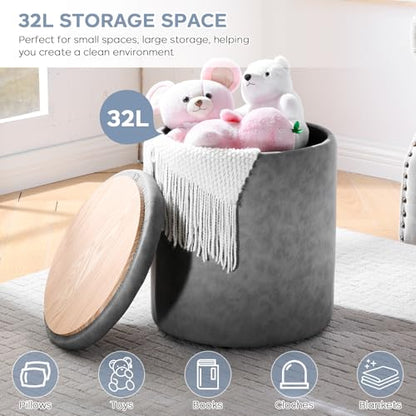 oakvivo 12.6" W x 14.17" H & 14.76" W x 17.32" H Storage Ottoman Foot Stool for Couch, Nesting Round Vanity Stools Padded Ottomen, Leather Set of 2 Footrest for Living Room,Grey - color: Grey