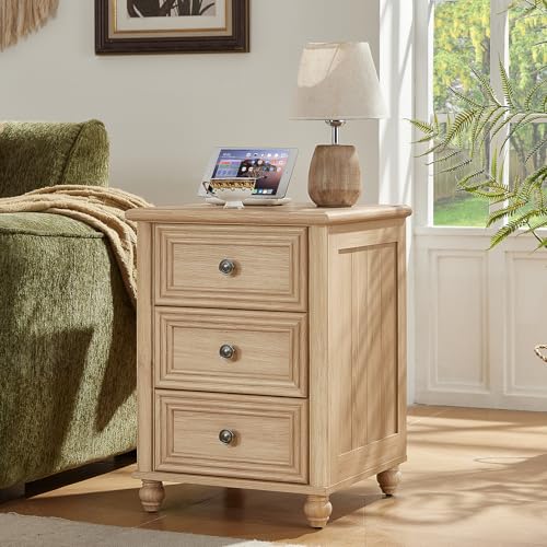 RWYHG 18" Night Stand Set 2, Nightstand with 3 Drawers | Farmhouse Modern Bedside Table, Solid Wood Legs, Metal Handles, Bed Side End Tables for Bedroom Living Room (Natural) - color: Natural, style: 3 Drawers*2