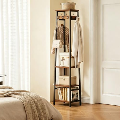 Coat Rack Freestanding with 3 Shelves and 7 Hooks | Coat Stand, Hall Tree Free Standing, Clothes Rack Stand Organizer, Industrial Style, Rustic Brown and Black - color: Rustic Brown and Black, style: 3 Shelves