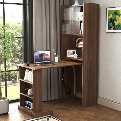 Fold Out Desk Folding Writing Table with Bookcase, Desk Cabinet Convertible Table with Open Shelves for Office Study Room or Small Space, Brown - color: Brwon