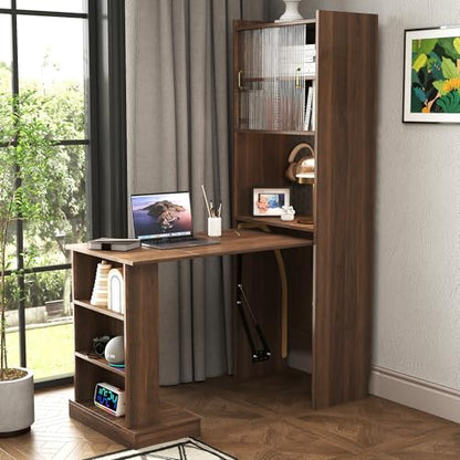 Fold Out Desk Folding Writing Table with Bookcase, Desk Cabinet Convertible Table with Open Shelves for Office Study Room or Small Space, Brown - color: Brwon