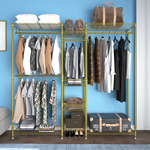 XIOFIO 6 Tiers Heavy Duty Garment Rack,Clothing Storage Organizer, Metal Clothing Rack,Clothing Rack with Hanging Rod,Adjustable Shelf and Fixed Baskets,60.7"L x 15.7"W x 70.5"H Max Load 720LBS,Gold - color: Gold