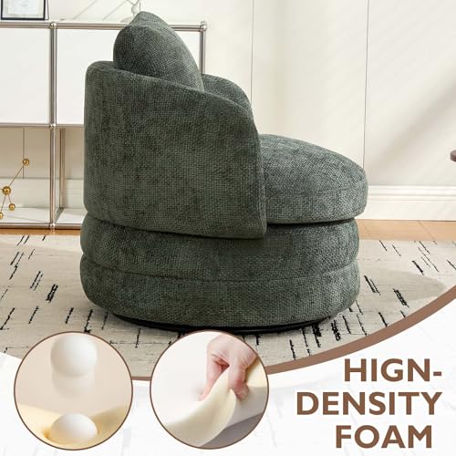 Round Swivel Barrel Chair with Comfy Pillow, Beige Small Accent Chair with Curved Backrest, Modern Upholstered Armchair & Chenille Barrel Accent Chairs for Living Room Bedroom Office (Green) - color: Green