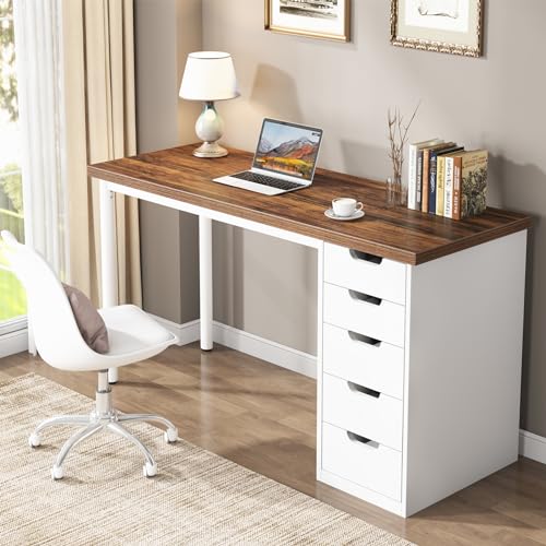 Tribesigns Computer Desk with 5 Drawers, 47 inches Rustic Brown Home Office Desk with Storage, Modern Simple Laptop Desk Study Writing Table for Small Spaces (1, Brown+White) - color: Brown+white