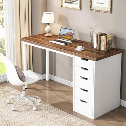 Tribesigns Computer Desk with 5 Drawers, 47 inches Rustic Brown Home Office Desk with Storage, Modern Simple Laptop Desk Study Writing Table for Small Spaces (1, Brown+White) - color: Brown+white