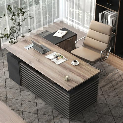 SAINTCY L Shaped Executive Standing Desk with Drawers, 70.87In Large Modern Adjustable Heigh Office Desk w/File Cabinet, AC/USB, 2.56" Thick Floating Desktop,for Home Office, Studio - color: Right, size: 62.99"D x 70.87"W x 29.5"H