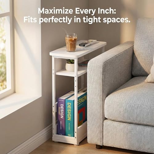 Narrow Side Table,3-Tier Slim End Table with Storage Shelf,Modern Sofa Table Thin Side Table for Narrow and Small Spaces, Skinny Bedside Table Small Nightstand with Magazine Rack Space Saving/White - color: White
