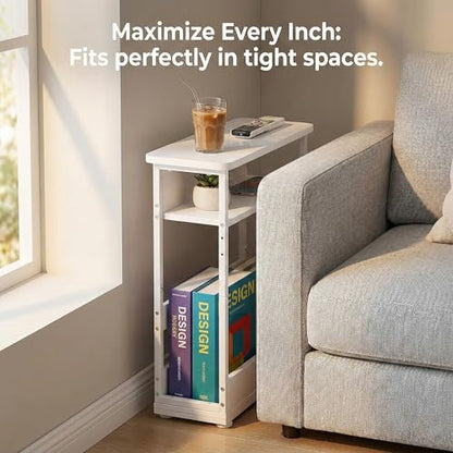 Narrow Side Table,3-Tier Slim End Table with Storage Shelf,Modern Sofa Table Thin Side Table for Narrow and Small Spaces, Skinny Bedside Table Small Nightstand with Magazine Rack Space Saving/White - color: White