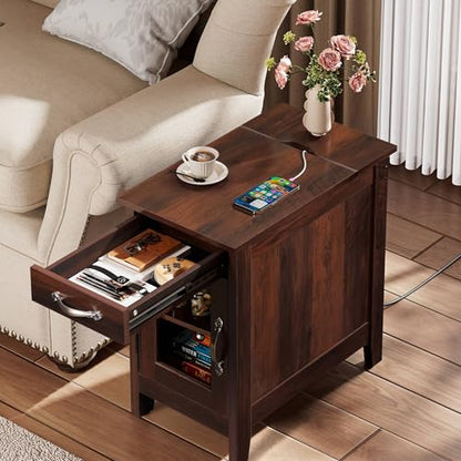 WLIVE End Table with Charging Station, Narrow Nightstand for Living Room, Farmhouse Night Stand with Storage, Small Wooden Cabinet Side Table with USB Ports and Outlets, 23.62"D x 13.78"W x 23.62"H - color: Espresso
