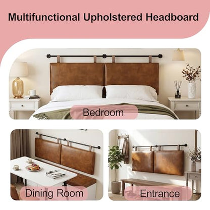 King Headboard, Wall Mounted Hanging Upholstered Soft Bed Head Board with Modern Design Faux Leather Headboards Ideal for Bedroom (Brown Leather, King - color: Brown, size: King