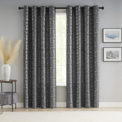 Taisier Home Silver Foil Print Linen Textured Curtains Geometric Dots Pattern Design Curtains for Nursery Toy Room Thermal Insulated Window Treatment 2 Panels 45" L,Dark Grey and Silver Drapes Print - color: Greyish Green/Silver, size: 52"W x 45"L (Pack o