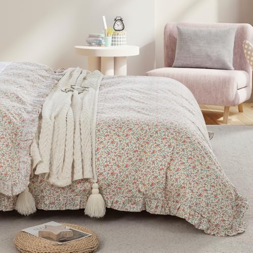 DAUAOTO Full Size Ruffle Duvet Cover Set, 100% Cotton, Kids Teen Girls Duvet Cover 82"X86" + 2 Shams, Ditsy Floral Pattern Pink - color: Pattern 10#, size: 82"x86" Full Cover + 2 Shams