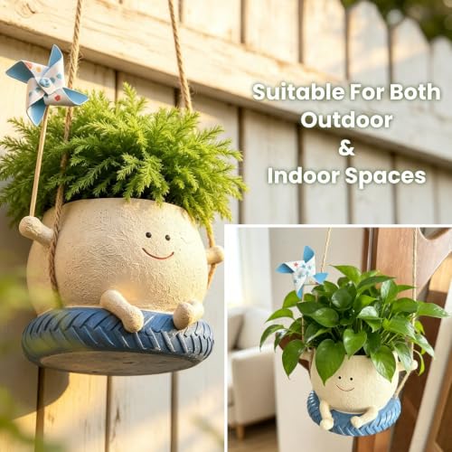 Smiley Face Hanging Planter with Spinning Windmill, 4 Inch Resin Flower Pots with Drainage Hole & Mesh Pad, Cute Succulent Planter for Small Plants, Gardening Gift, Indoor Outdoor Garden Decor