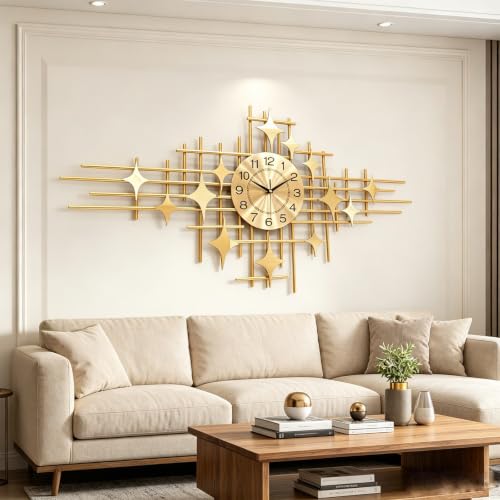 Gold Large Decorative Wall Clock, Modern Metal Wall Clock with Four-Pointed Star Design, Silent Non-Ticking Battery Operated Wall Art for Living Room Bedroom Office Home Decor