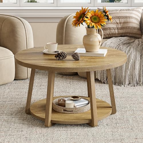 LITTLE TREE Round Coffee Table, 2-Tier Center Table with Storage | Wooden Legs, 31.5 Dia. x 19.6 H Inches, Easy Assembly, Circle Coffee Tables for Living Room, Bedroom - color: Oak
