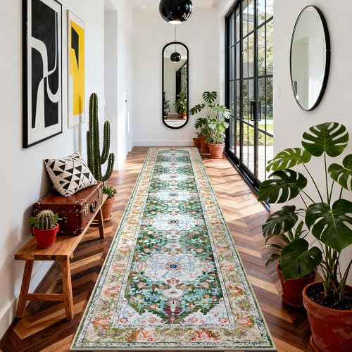 U'Artlines 3'x18' Boho Hallway Runner Rug Non Slip Washable Runners,Green | Vintage Farmhouse Kitchen Rug Accent Area Carpet for Entryway, Dining Room and Living Room - color: Green, size: 3' x 18' (Runner)