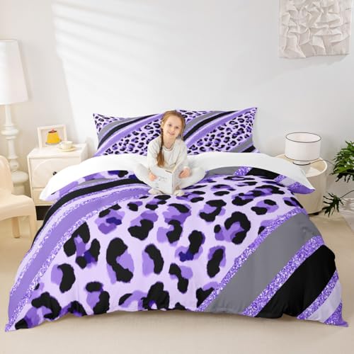 Leopard Print Kids Duvet Cover Set Queen Size,Abstract Cheetah Skin Fashion Bedding Set,Girls Boys Adults Room Decor,Geometric Stripes Patch Comforter Cover,Purple Romantic Quilt Cover,2 Pillowcases - color: A-leopard 05, size: Queen 90"x90"