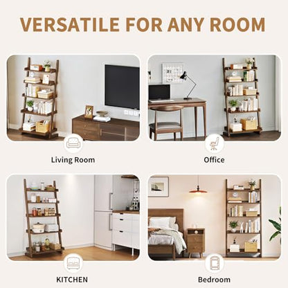 Uniclinens Walnut Wooden Ladder Shelf, 5-Tier Ladder Shelf Bookcase, Ladder Bookshelf for Compact Spaces, Solid Wood Bookshelf for Living Room, Bedroom, Home Office,(23.6''Dx15.7''Wx55.1''H) - color: Walnut