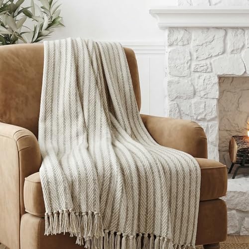 Americanflat 50x60 Throw Blanket - Soft and Breathable Cotton Throw Blanket for Couch, Bed, Chair - Decorative Blankets Perfect for Home, Office, or Outdoor Use - Cream and Beige Pinstripe Design - color: Cream Beige Pinstripe