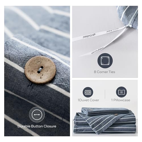 JELLYMONI 100% Washed Cotton Striped Duvet Cover Set Twin, Linen-Like | Linen-Like Texture, OEKO-TEX Certified, 8 Reinforced Ties, Natural Coconut Buttons, Wide Opening, Multi-Scene Use - color: 03- Blue Pinstripe, size: Twin(68"×90")