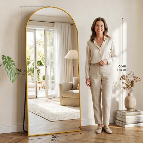 76"×34" Arched Full Length Floor Mirror, Standing Mirror with Aluminum Frame, Large Body Mirror of Free Standing/Wall Mount/Leaning for Bedroom, Living Room, Dressing Room, Gold - color: Gold, size: 76"L x 34"W