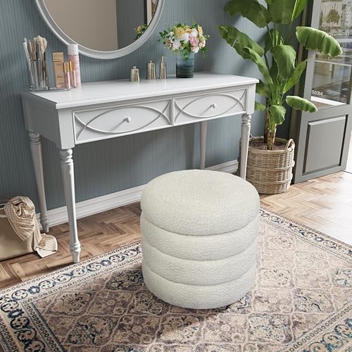 allamazing Storage Ottoman, Round Ottoman with Storage, Vanity Stool Foot Rest with Removable Lid, Round Boucle Upholstered for Living Room Pouf Footstool - color: Off White