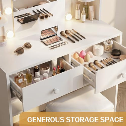 FUXA Makeup Vanity Desk with LED Mirror and Chair Set, White | 3 Lighting Modes, Built-in Charging Station, Storage Drawers and Shelves for Bedroom