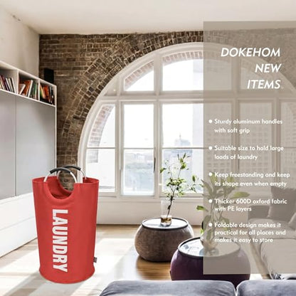 DOKEHOM 90L Large Laundry Basket Bag, Collapsible Tall Hamper, Red | Freestanding tall washing bin & foldable laundry bag. High-capacity clothes storage basket with durable sturdy handles - color: Red, size: 90L