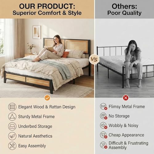 LIKIMIO Queen Rattan Bed Frame with Headboard, Boho Metal Platform Bed | Rattan headboard, 900 lb support, metal slats, EVA pads, 9.8-inch underbed clearance, no box spring needed. - size: Queen