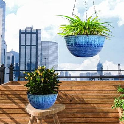 10 Inch Hanging Planters, Glazed Hanging Basket with Drainage Holes, 2 Pack | Ceramic-Look Hanging Flower Pots with Chain Plant Hangers, Blue Flow Glaze - color: Blue Flow Glaze, size: 10inch