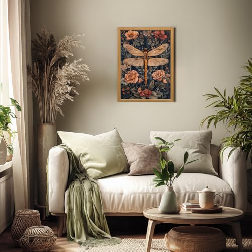 LLEEMPI William Morris Dragonfly Floral Wall Art, 12x16 Wood Framed Print | Vintage dragonfly floral art for living room, bedroom, bathroom or office; a nature-inspired gift for insect lovers. - color: Dragonfly, size: 16"L x 12"W