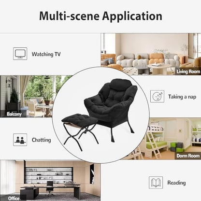 Youtanic Lazy Chair with Folding Ottoman, Accent Chair Velvet Upholstered with Metal Structure and Non-Slip Pads, Sofa Armchair with Footrest and Side Storage Bag for Dorm, Room, Office, Black - color: Black-f