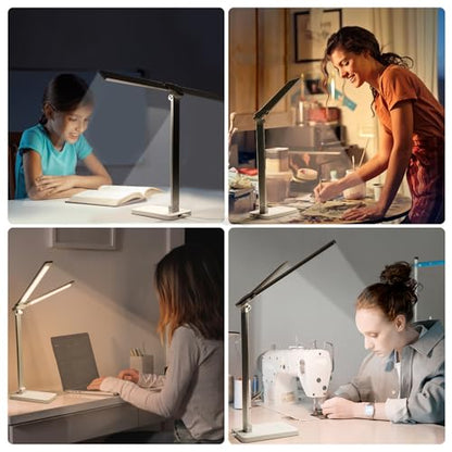LED Desk Lamp, Dual Head Desk Light, 5 Levels Dimmable & 3 Color Modes Eye-Caring Table Light with USB Charging Port, Table Lamp for Reading, Studying, Home Office,White - color: White1