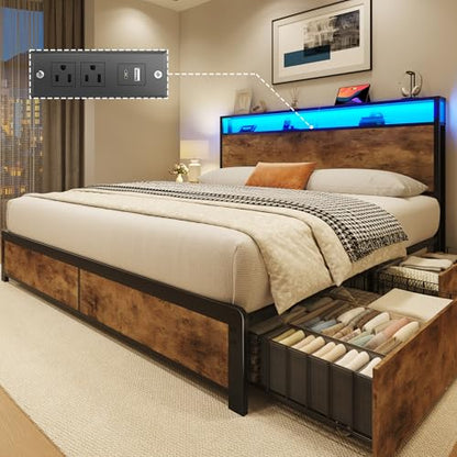 Lifezone Queen Bed Frame with 2-Tier Storage Headboard, Metal Platform Bed Frame with 4 Storage Drawers, Built in Charging Station & LED, Noise-Free/Metal Support/No Box Spring Needed,Rustic Brown