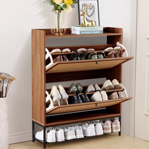 LEVNARY Shoe Storage Cabinet with 2 Flip Drawers, Wooden Narrow Shoe Cabinet Storage for Entryway, Freestanding Shoe Rack Organizer Cabinet with Metal Legs for Hallway (1, Walnut) - color: Walnut, size: 2 Drawer-1 Pack