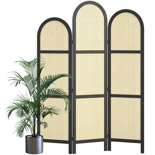 3-Panel Hand-Woven Rattan Room Divider, Tall Foldable Privacy Screen with Wooden Frame - Freestanding Portable Partition for Home Office, Bedroom, Bathroom(Black-Wave) - color: Black-wave