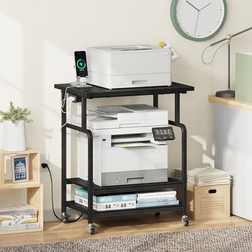 YAOHUOO 3 Tier Large Printer Stand with Power Outlet/Adjustable Shelf | 23.6"x19.6" Large Top,Fit 2-3 printers,Rolling Cart with Wheels,Table for Home Office,Fit 3D Printer/Heat Press/Laser,Black - color: Black, size: 23.6"×19.6"