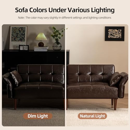 HALLYBEE 85" Futon Faux Leather Couch with Adjustable Armrests Coffee Brown | Futon Sofa Bed, Sleeper Sofa, Small Couch with Pillows, Side Pockets, Mid Century Modern, Living Room, Bedroom, Apartment - color: Coffee Brown