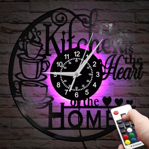 12'' Kitchen Vinyl Record Wall Clock 7 Kinds of LED Color, Kitchen Heart Home Theme Wall Clock Night Light Silent Non Ticking Coffee Bar Wall Watch Clock for Women Wife Restaurant Dining Room - color: With Led