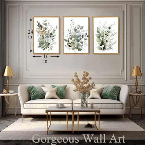 Sage Green Botanical Framed Wall Art Set of 3, 16x24 inch | Watercolor Botanical Wall Decor, Sage Green Eucalyptus Leaf Prints, Bedroom Bathroom Living Room Art - color: Green, size: 16"x24" Natural Framed