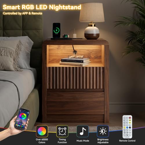 LYNSOM Fluted LED Nightstand Set of 2, Charging Station & 2 Drawers, Walnut | Mid Century Modern Night Stand with Stoarge, Wood Bedside End Table with Curved Edge for Bedroom, Living Room, Office, 20" W - color: Walnut, size: 2 Drawers