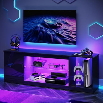 Bestier 57" Gloss Black Media Console - Gaming TV Stand for 65 Inch TV, Entertainment Center for PS5/Xbox Series X, Modern Home Theater Design, Adjustable Glass Shelves - color: Glossy Black