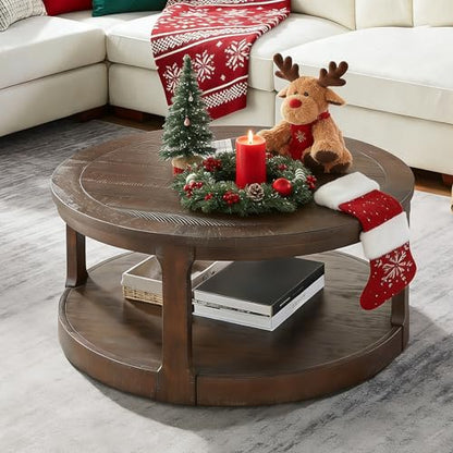JUSTONE 40" Round Coffee Table for Living Room,2 Tier Traditional Round Circle Wooden Center Coffee Table,Rustic Industrial Coffee Table for Apartment, Easy Assembly (Brown) - color: 40'' Round - Brown