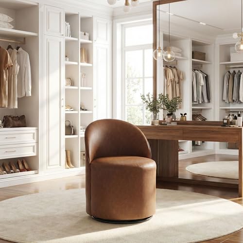HNY Upholstered Kitchen & Dining Room Barrel Chair, Mid Century Modern Round Leather Dining Chair, 360 Degree Swivel Comfy Armless Accent Makeup Vanity Side Chair for Bedroom Living Room, Brown - color: Brown