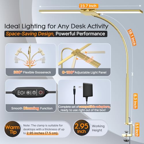 Syrinx LED Desk Lamp for Office Home, Dual Head Eye-Care Architect Lamp | Gesture/Wired Control, Flexible Neck, Bright Desk Light with Memory/Timer, 50 Lighting Modes for Study, Drafting, Gold - color: Gold