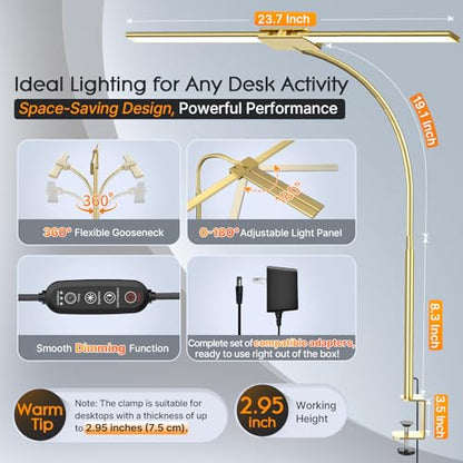 Syrinx LED Desk Lamp for Office Home, Dual Head Eye-Care Architect Lamp | Gesture/Wired Control, Flexible Neck, Bright Desk Light with Memory/Timer, 50 Lighting Modes for Study, Drafting, Gold - color: Gold