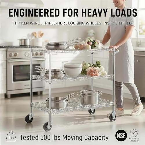 Finnhomy 3 Tier Heavy Duty Commercial Grade Utility Cart, Wire Rolling Cart with Handle Bar, Steel Service Cart with Wheels, Kitchen Carts on Wheels, Metal Cart Shelf Size 24" D x 36" W, NSF, Chrome - size: 36"L x 24"W x 35.4"H-3 Tier, style: Chrome Cart